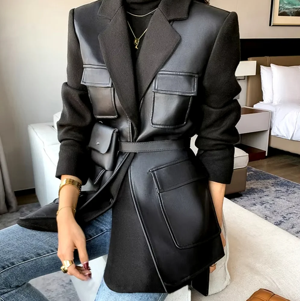 Autumn Black Patchwork Leather Jacket Women with Many Pockets Long Sleeve - Picture 2 of 10
